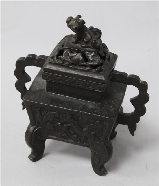 A miniature Chinese bronze censer, Fangding, 17th century, height 10.5cm